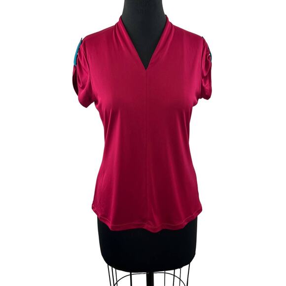 Greg Norman Play Dry Dark Pink V-Neck Short Sleeve Shirt Button Shoulder M - Picture 1 of 8
